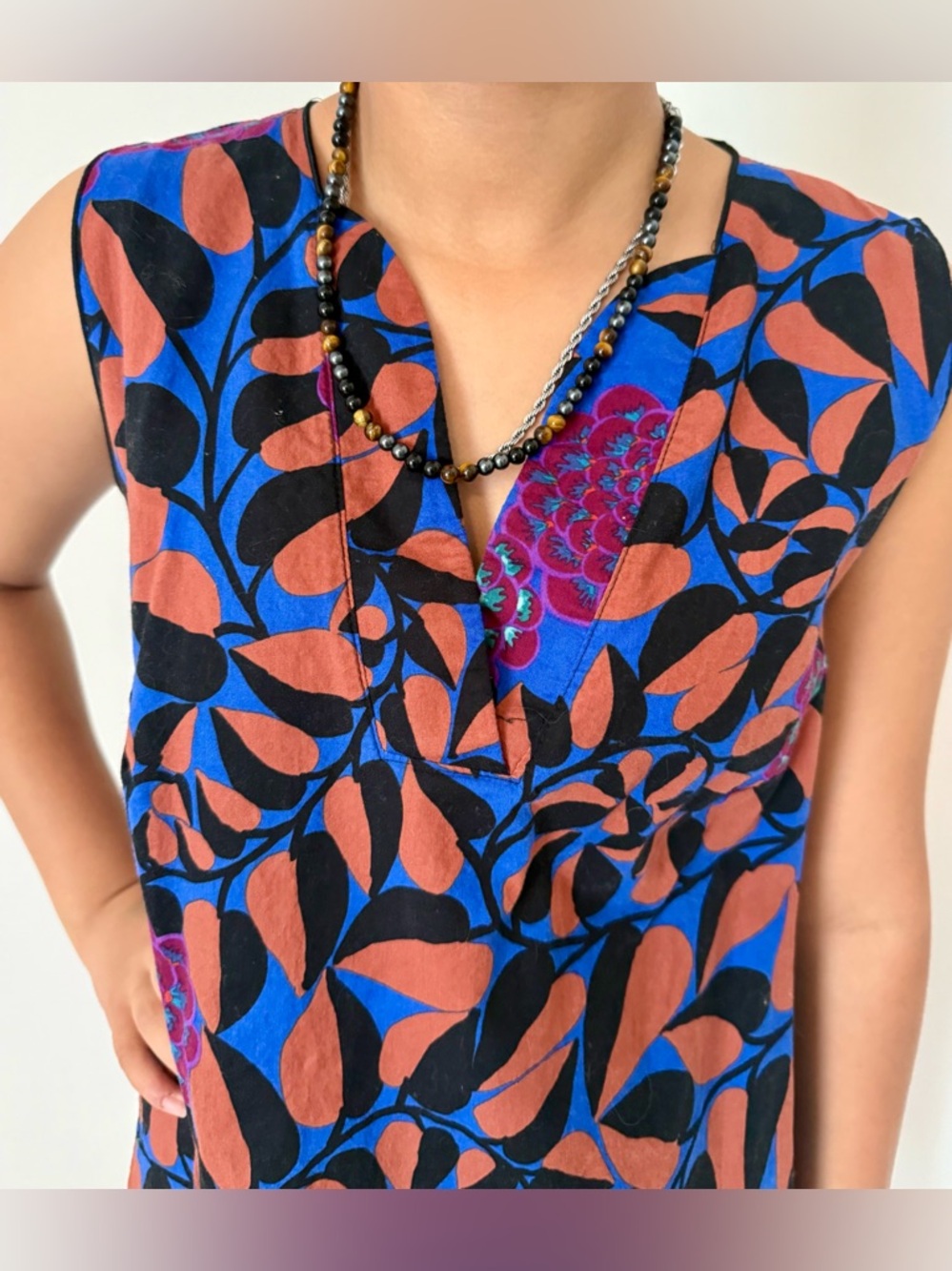 Kara-Line Blue & Rust Leaf-Print Midi Dress - Picture 2 of 6